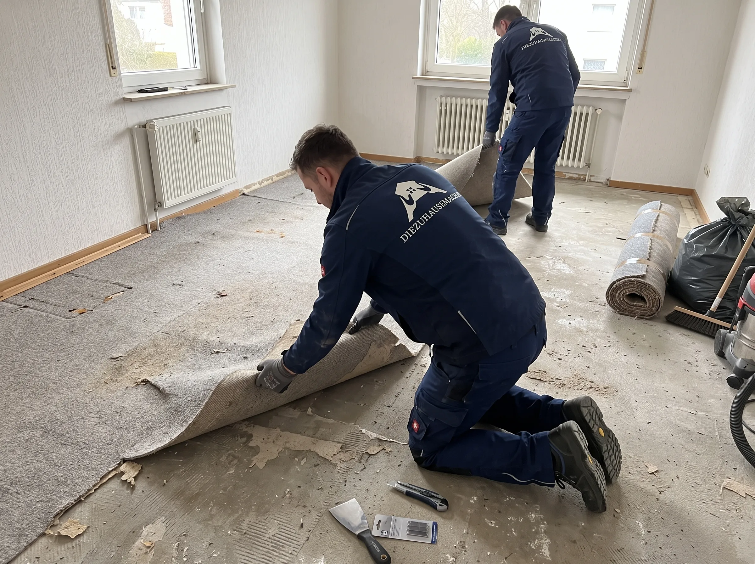 Entfernen von verklebtem Teppichboden und Untergrundvorbereitung