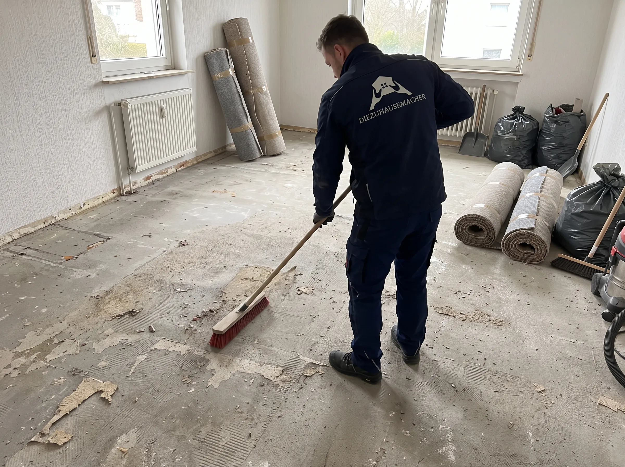 Teppich-Stripper im Einsatz und vorbereiteter Untergrund